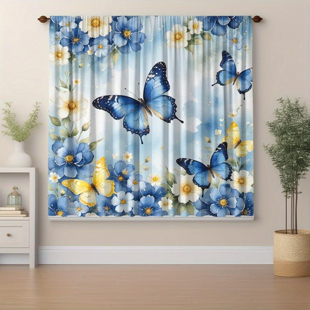 2PCS Digital Printed Curtains, Blue Yellow Butterfly Vibrant Insect Nature, Window Drapes for Living Room Bedroom Home Decor