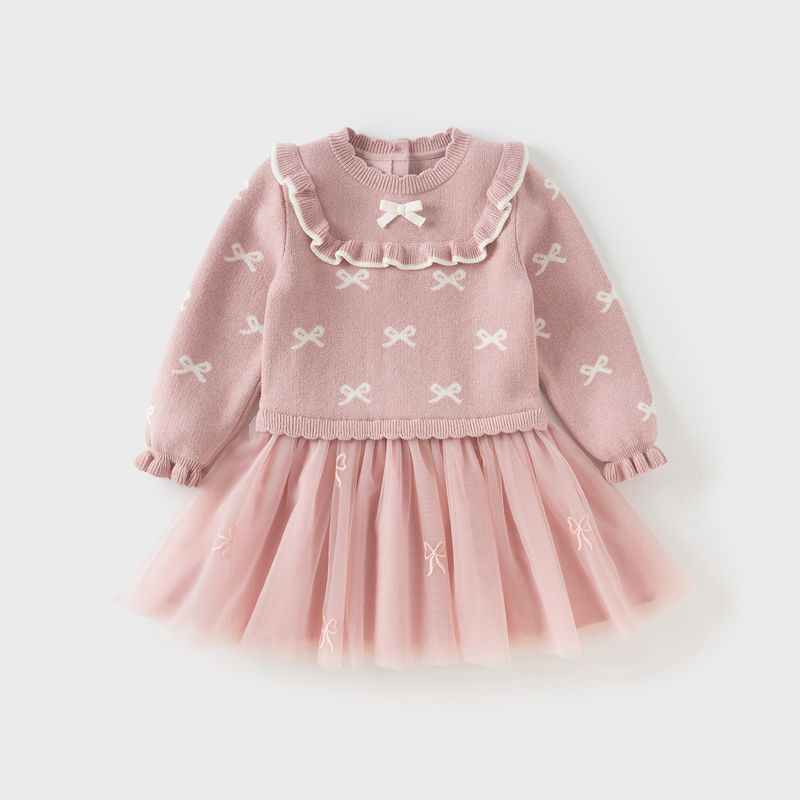 David Bella Girls  Sweater Dress Children s Mesh Skirt 2026 New Spring Fashion Baby Stylish Dress Children s Clothing Pink [Ready Stock] 90