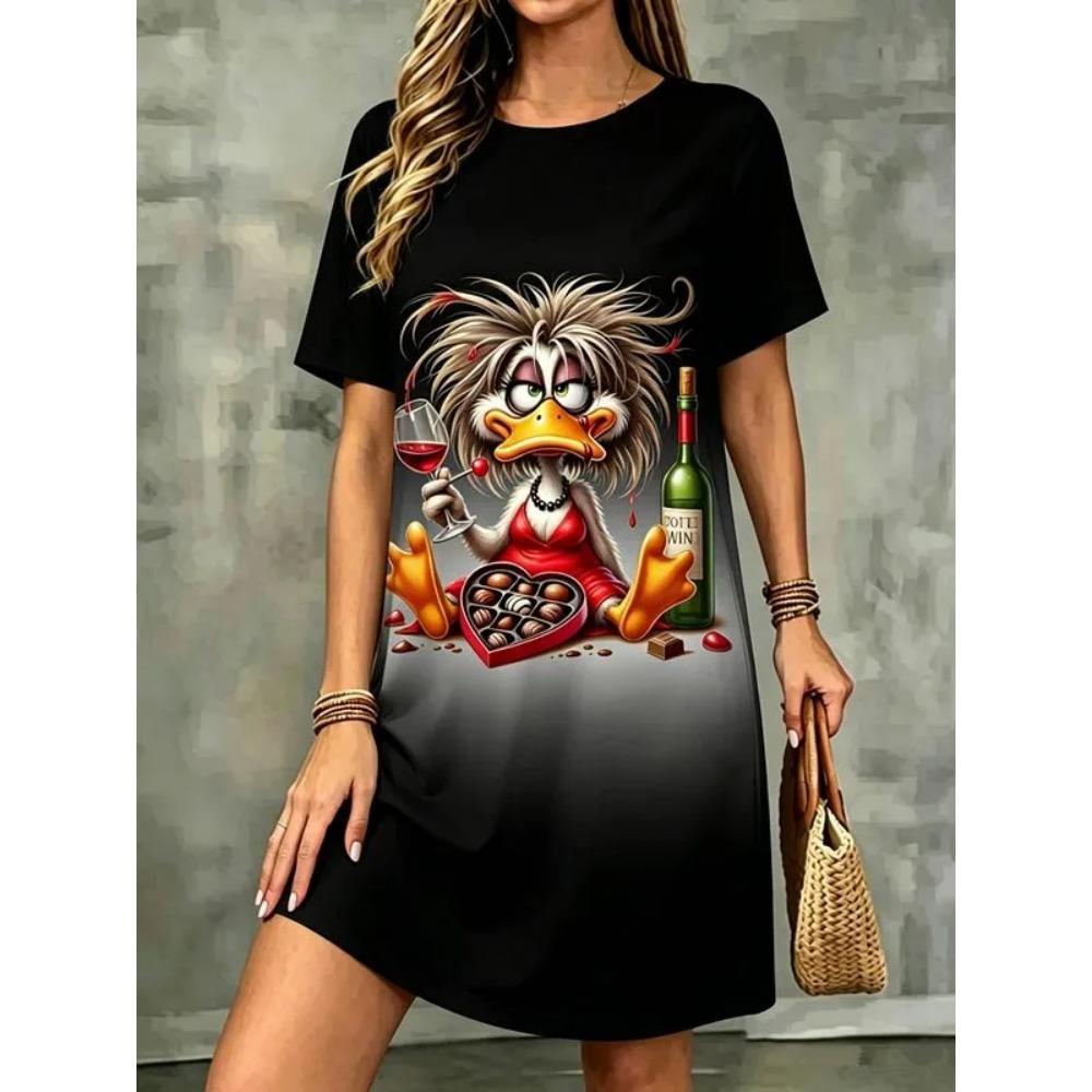 Summer Fashionable Colorful Cartoon Pattern Women Mini Dresses Short Sleeve Printed Plus Size Casual Comfortable Soft Dress