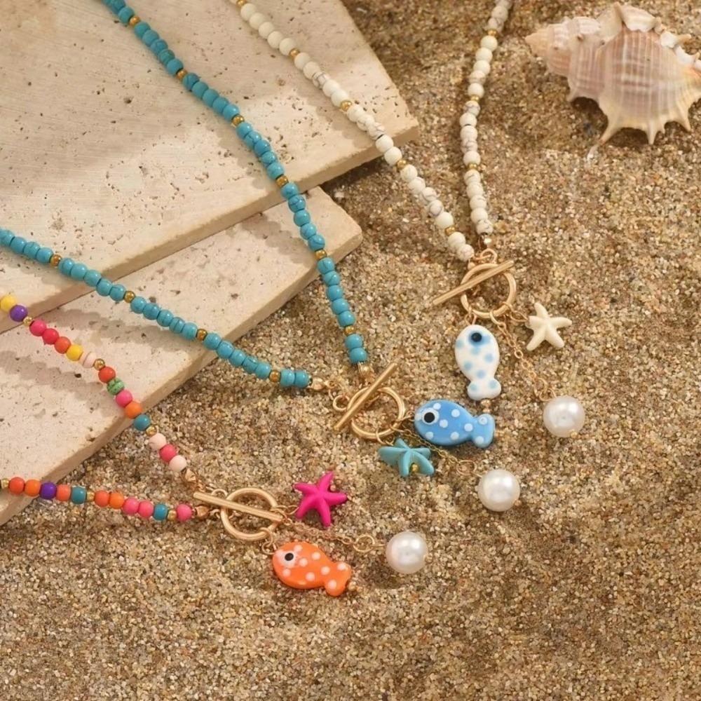 Dopamine Bohemian Starfish Pendant Necklace OT Buckle Beach Jewelry Beaded Choker Casual Wear