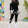 Women Plus Size Two Piece Pants Set Round Neck Long Sleeve Black White Geometric Printed Outfit