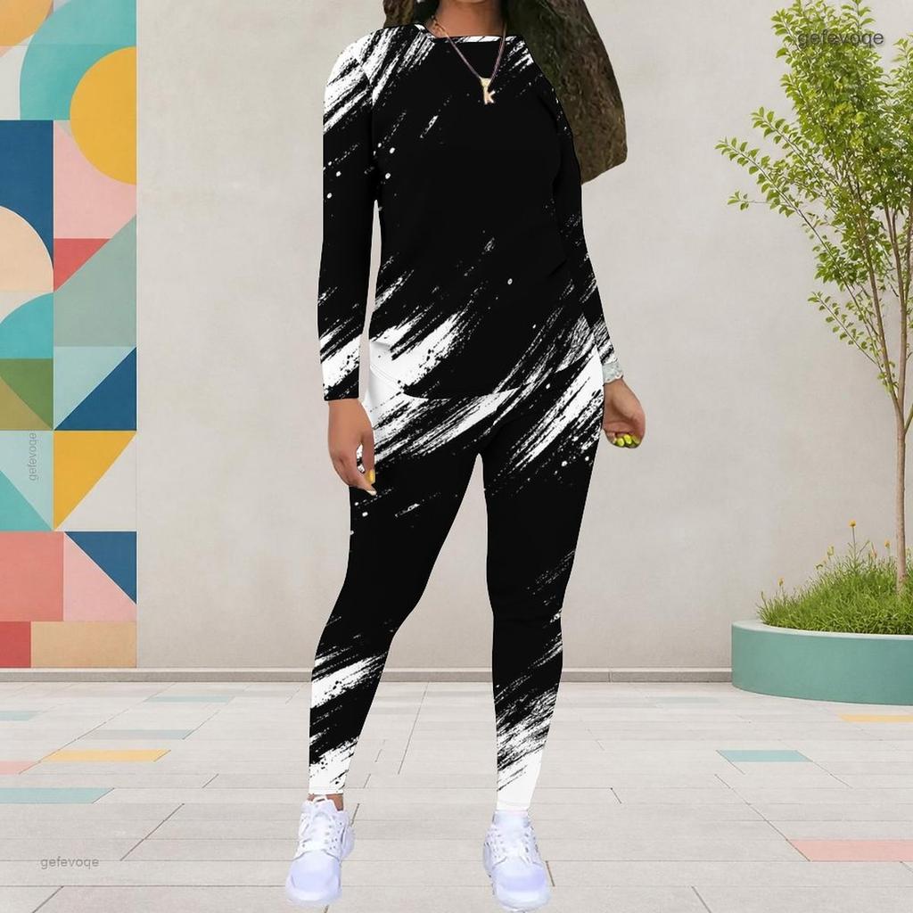 Women Plus Size Two Piece Pants Set Round Neck Long Sleeve Black White Geometric Printed Outfit