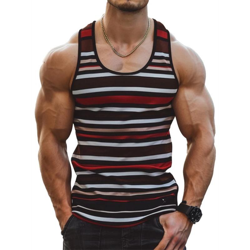 Canottiere Grafiche a Strisce Retro da Uomo Moda Casual Estive Senza Maniche Gilet Stampato 3D Largo Girocollo Magliette Sportive Asciugatura Rapida