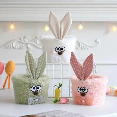55KF Bunnies Easters Buckets with Long Plush Ear Easters Eggs Baskets Easters Party Decors Candy Bowl Easters Basket