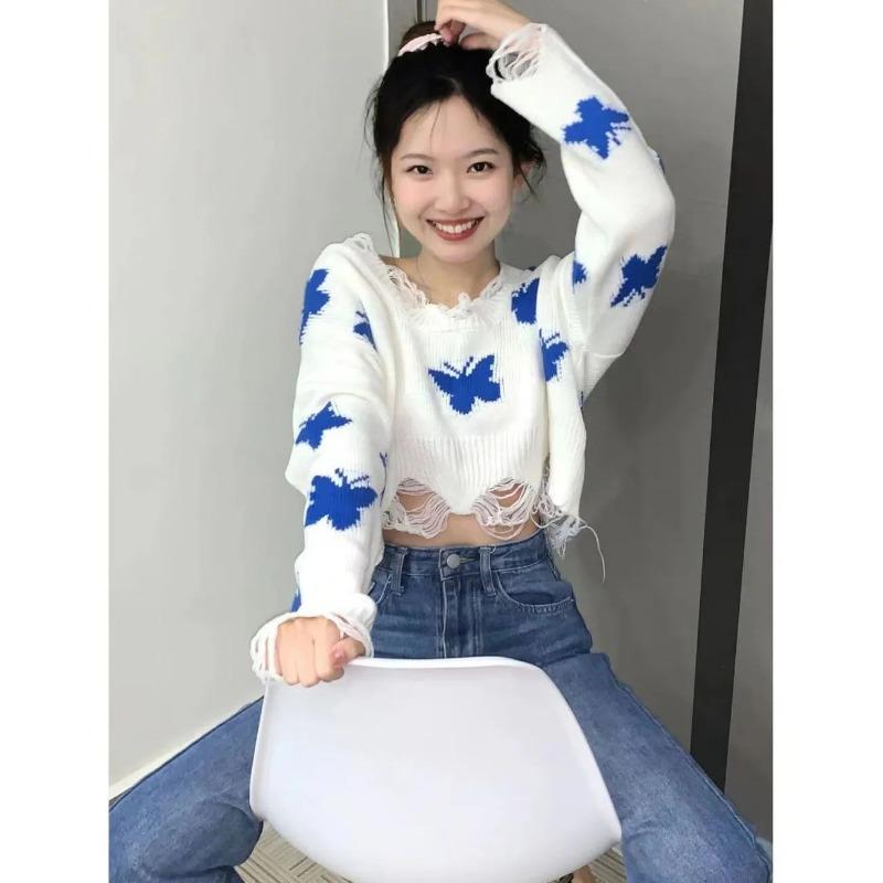 Butterfly Printed Short Sweater Sweet Women's Knitted Pullover Short Top Irregular Tassel Hem Collar Design Wide Truffle Shoulder Thin Sweater