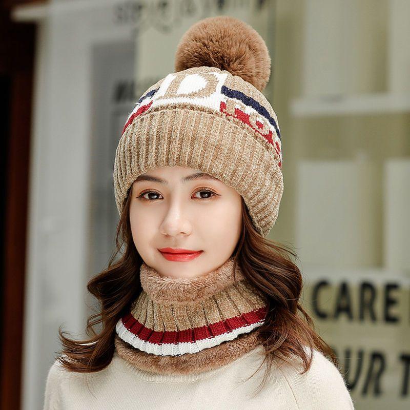 

Термальная вязаная шерстяная шапка, женский осенне-зимний универсальный теплый велосипедный шарф на флисовой подкладке, защита от холода, комплект из двух предметов