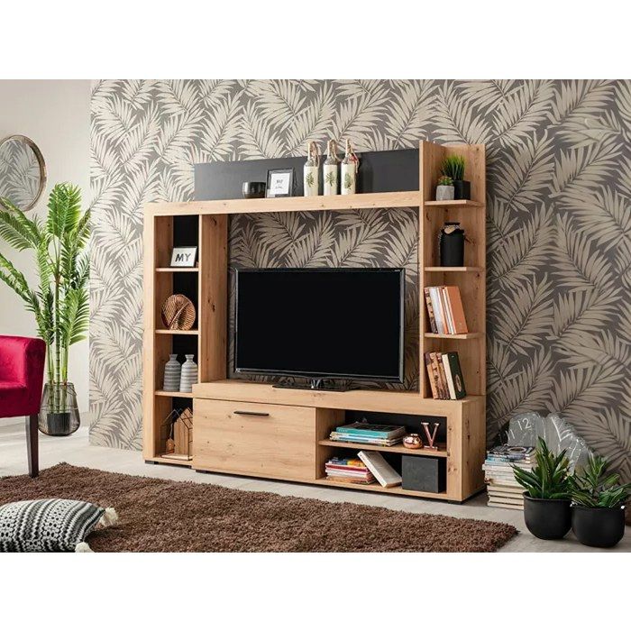 Mur TV BALTIMORE - Avec rangements - Coloris : Chêne & Anthracite