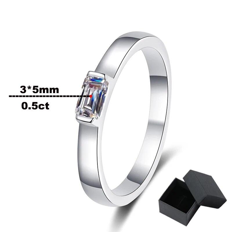 Hvitgullbelagte sertifiserte 0,5 ct moissanittringer for kvinner 3*5 mm smaragdslipte lab-diamantsmykker 925 sølvringer GRA