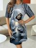 Women's Portrait and Natural Scenery Art Print Casual Pajamas - Comfortable Short Sleeve Crew Neck T-Shirt Dress. All-Season Polyester Blend Pajamas.