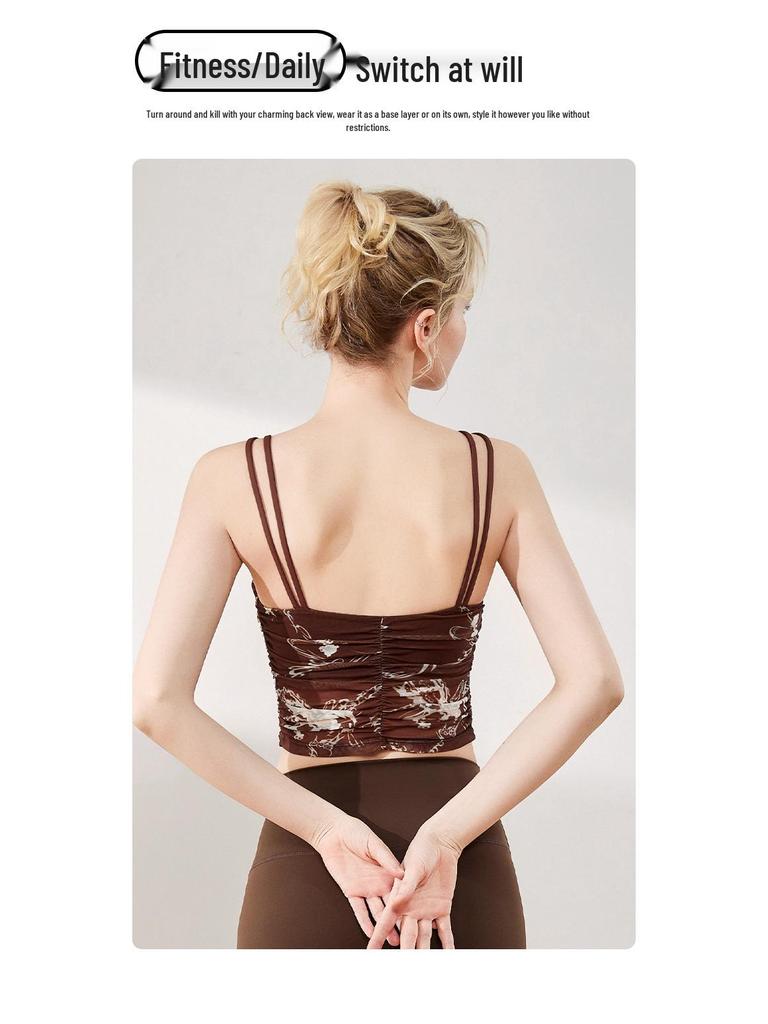 Women's Ruched Print Yoga Sports Bra with Built-in Pads & Stylish Back Design