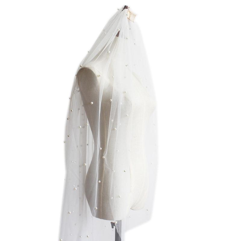 

Wedding Bridal Veil with Comb One Layer Pearls Adornment Cut Edge Elbow/Fingertip/Cathedral Length Tulle Sheer Veils 1