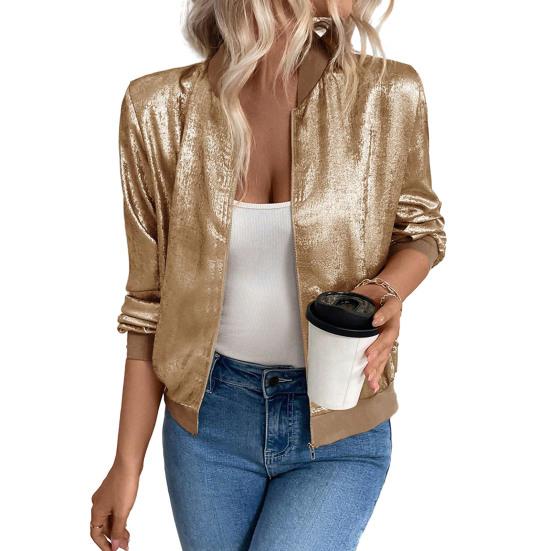Women's Sequin Short Jackets Long Sleeve Shiny Cropped Coat Lightweight Zipper Metallic Jacket Glitter Party Disco Outfit