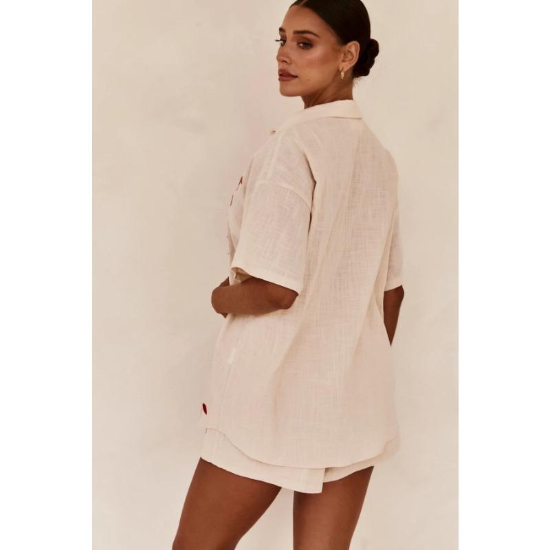 VEZFAA Women's Fashion Casual Summer Spring Flower Pattern Print Short Sleeve POLO Neck Trousers Pants Suits