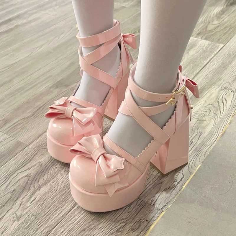 Fashion Women's Lolita High Heels Chunky Heel Sandals Mary Jane PU Leather Shoes Retro Thick Sole Party Bowknot Summer