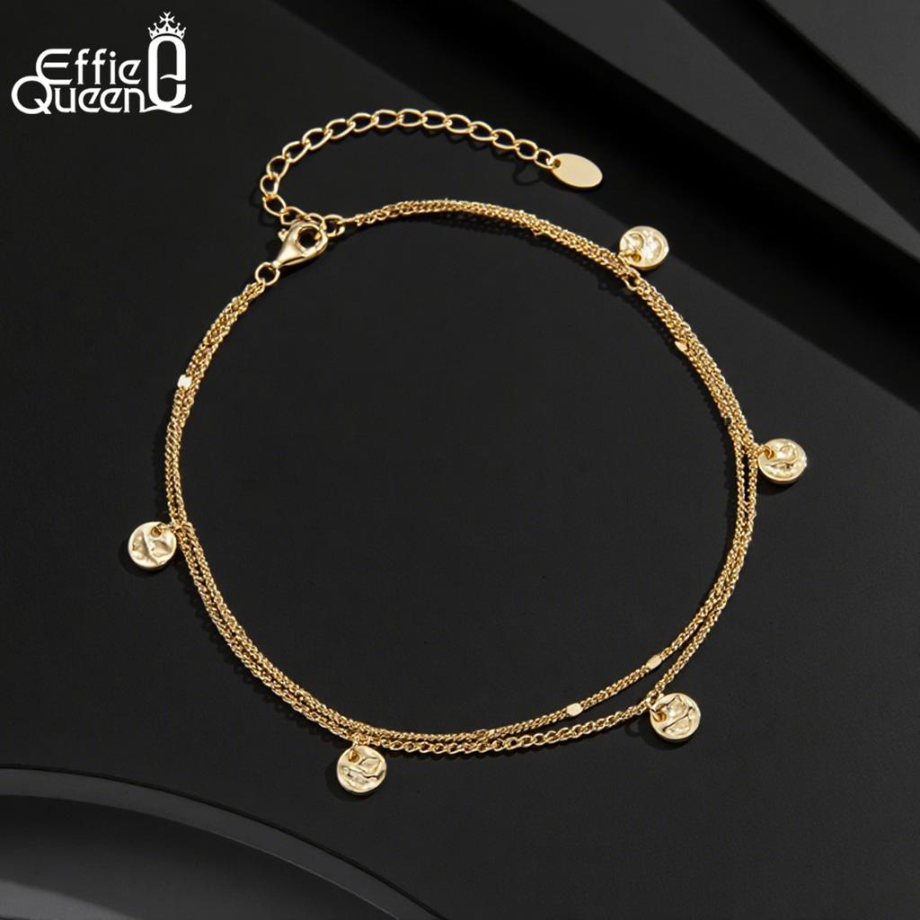 EFFIE QUEEN Women's Dainty Double Layered Chain Anklets Jewelry 925 Pure Silver Minimalist Round Pendants Anklet Foot Chain SA64