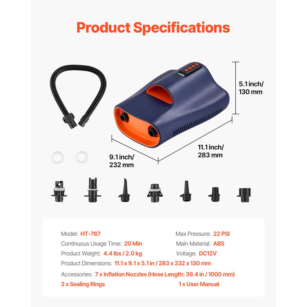 SucceBuy 20/22/40 PSI Stand-Up-Paddleboard-Pumpe Wiederaufladbar Akkubetrieben Automatische Abschaltung 12V DC Autoanschluss LED-Licht Ideal für Matratzen