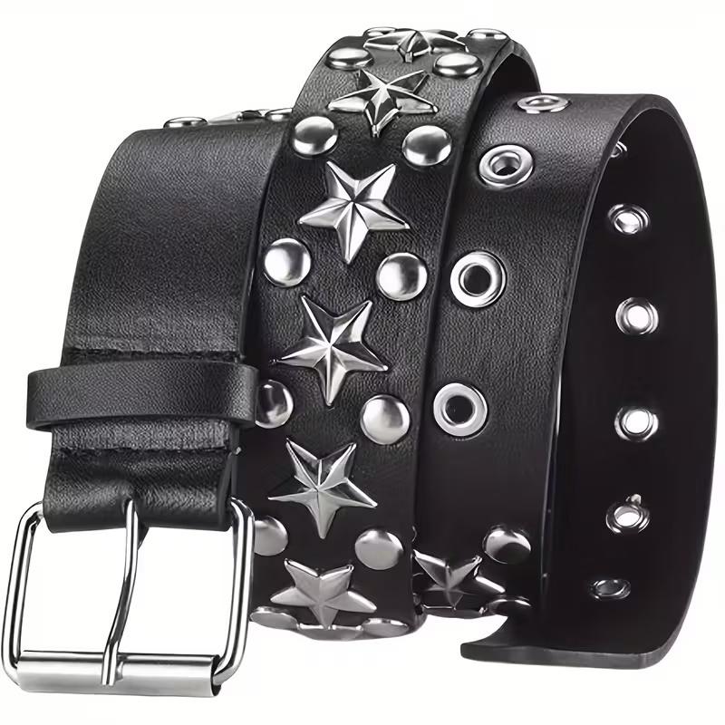 1Pcs Casual Punk Star Rivet Belt Y2K Fashion Black PU Metal Pentagram Rivet Belts Gothic Jeans Skirts Versatile Women Girls Waist Belts