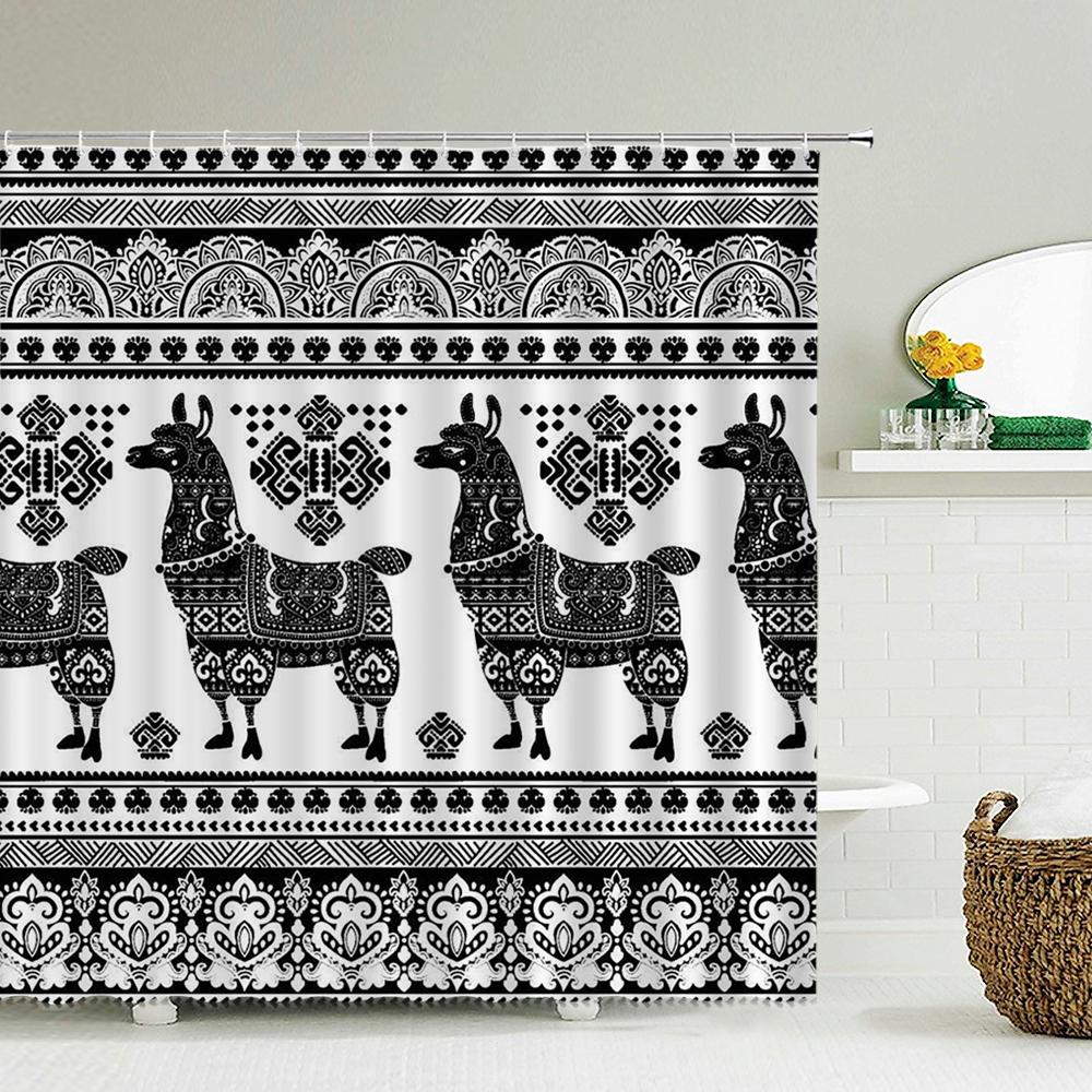 Art Boho Shower Curtain with Hooks Bohemian Bath Curtain Polyester Fabric Black and White Minimalist style Bathroom Curtains