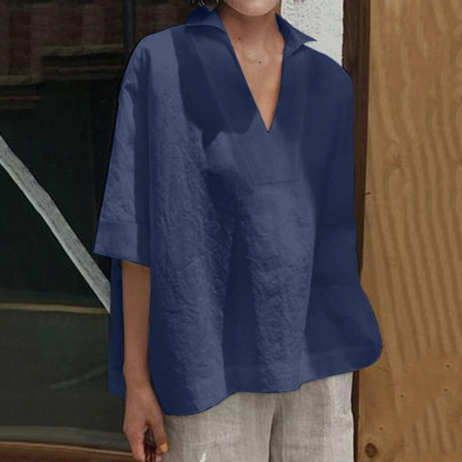 Women s Fashion V-neck Cotton Linen Short Sleeve Hundred And One Color Loose Shirt Top L темно-синий
