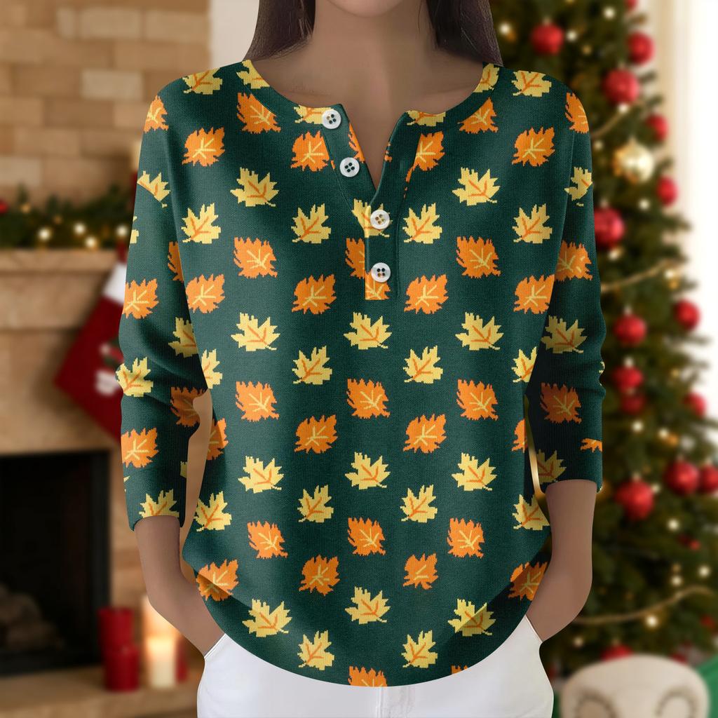 Damska Moda Top z Długim Rękawem z Nadrukiem Świątecznej Śnieżynki Elegancki Casualowy Top