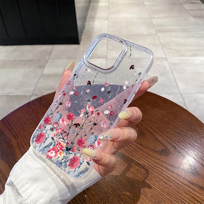 Beautiful flower glitter acrylic iPhone14promax mobile phone case processing and production 17 Apple 16 transparent case