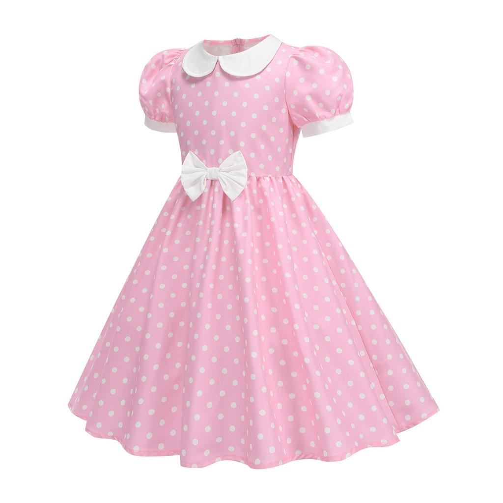 Fashion Children's Short-sleeved Polka Dot Dress With Baby Collar