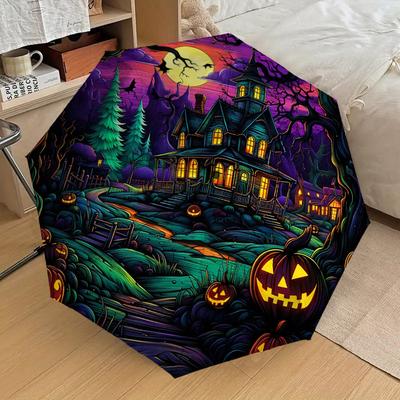 1pc Haunted House Pumpkin Pattern Umbrella  Automatic Opening and Closing Umbrella, High Quality Umbrella, Ideal Gift for Her 235