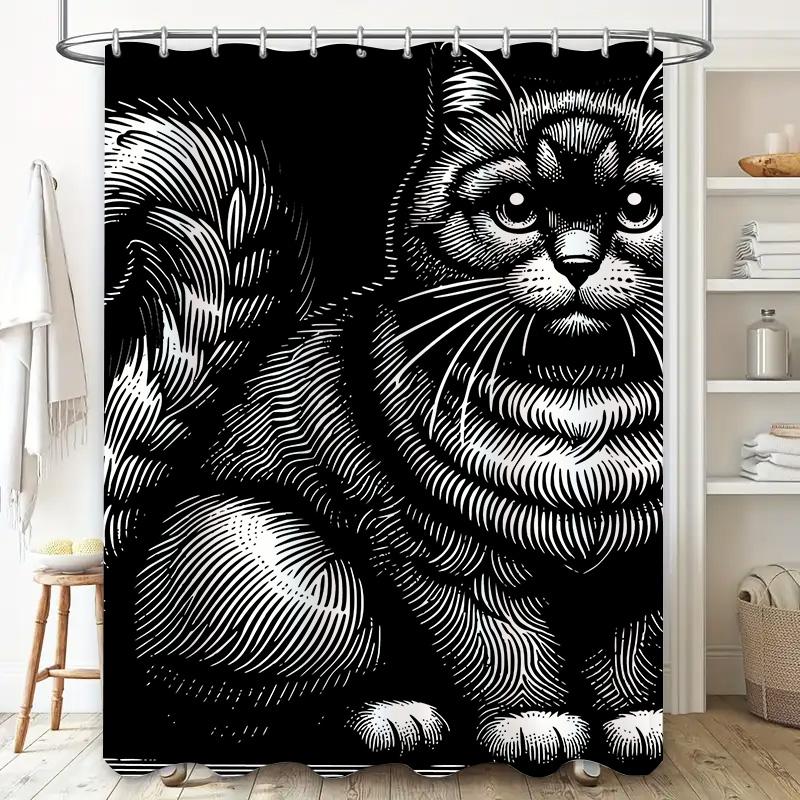 Artistic Black White Cat Shower Curtain for Bathroom Decor Modern Design with Striped Pattern in Various Sizes