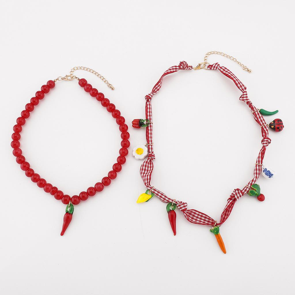 Sweet Fresh Chili Beaded Layered Necklace Handmade Oil Dropped Insect Vegetable Pendant Clavicle Chain Trendy Women Jewelry