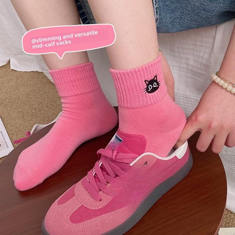 Cartoon Embroidered Kitten Ankle Socks - Summer and Spring Odor-resistant and Sweat-absorbent Pure-color Cotton Women's Socks