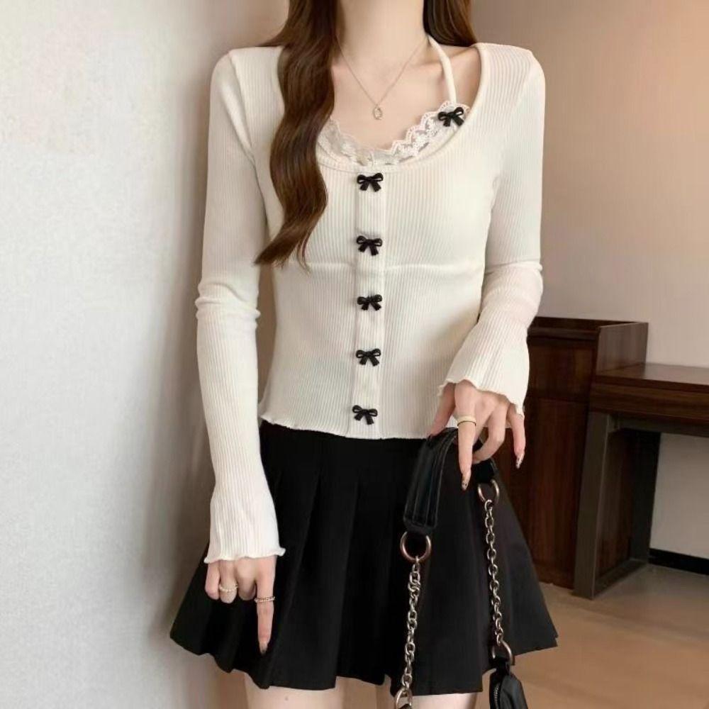 Lace Tied Up Long Sleeved T Shirts Slim Fit Fake 2 Pieces Crop Tops  Travel
