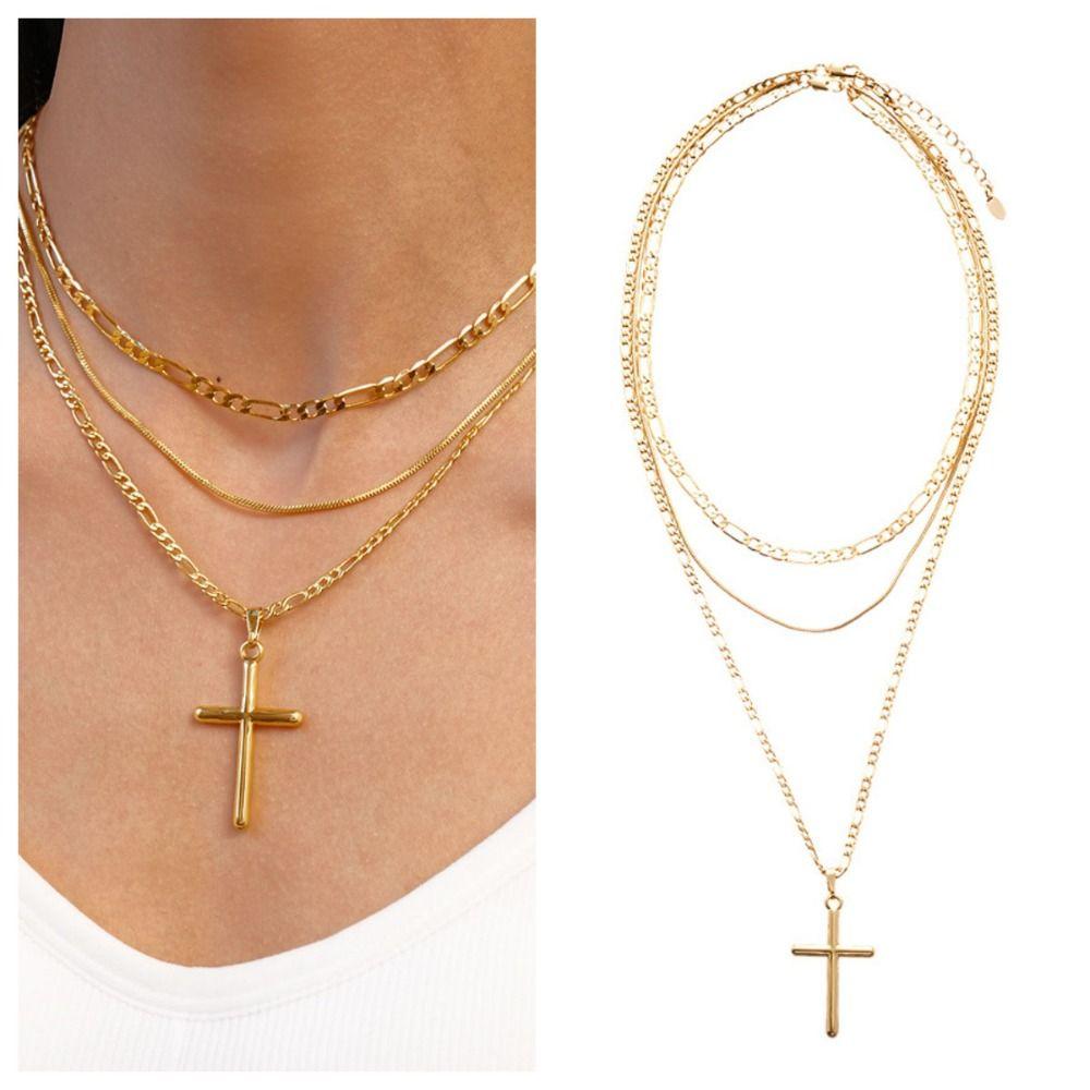 Sweater Chains Cross Necklace Cross Metal Clavicle Chain Fashion Double Layer Choker  Women Gifts