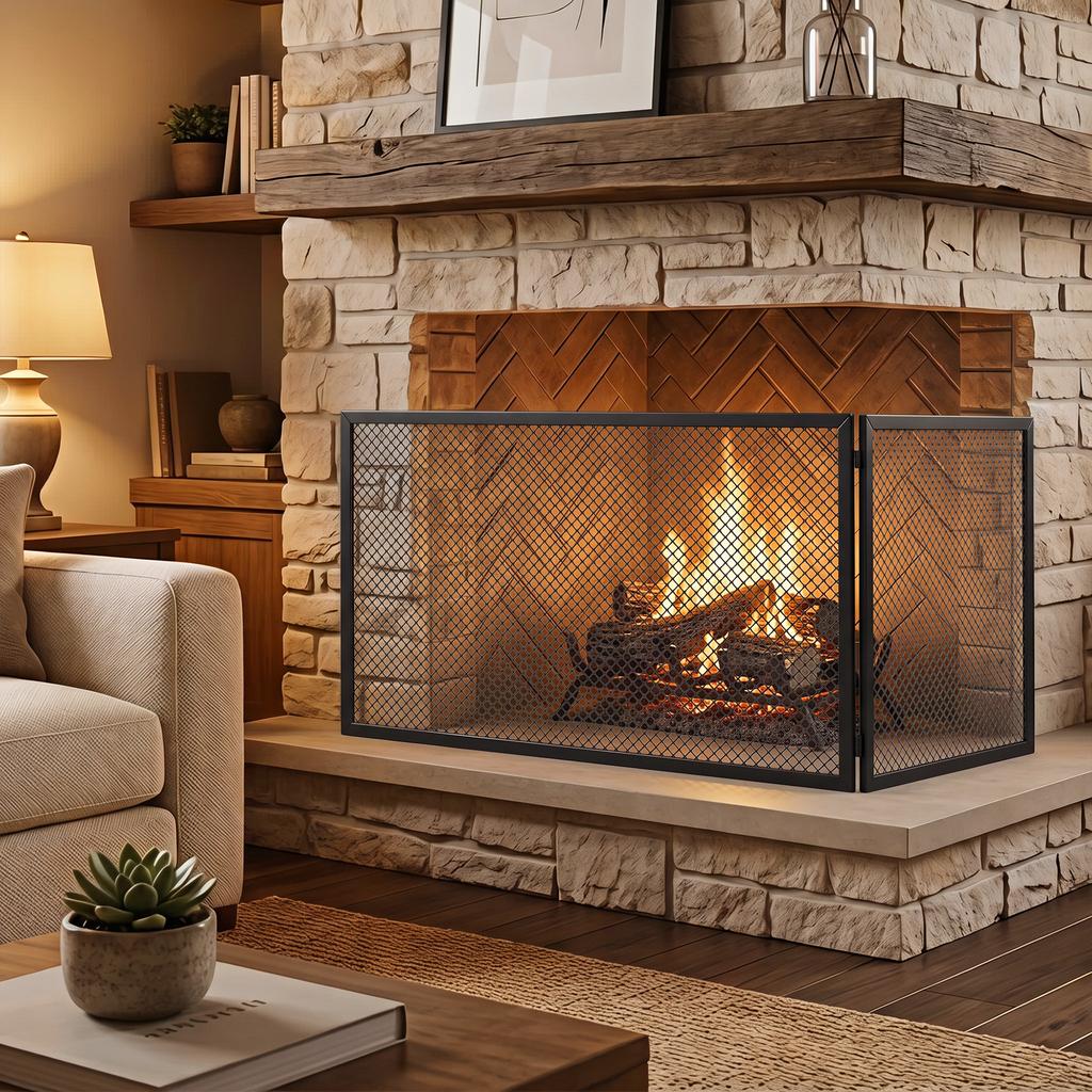 Fireplace Screen, Foldable Spark Guard Made of Metal, 141 X 50 Cm