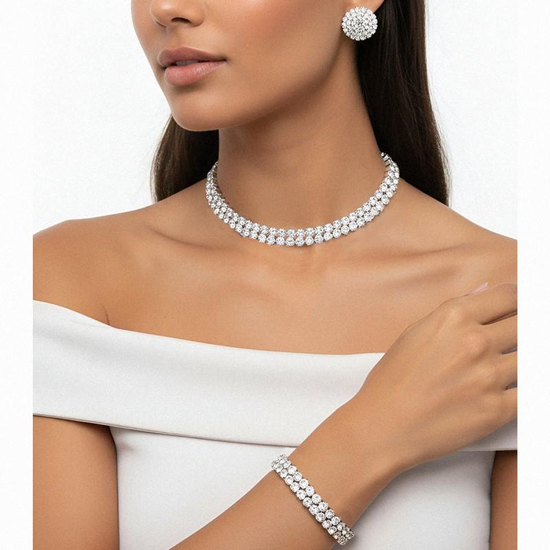 Geometric Crystal Layered Necklace Earring Bracelet Set Women Tone Fashion OL Jewelry Silver