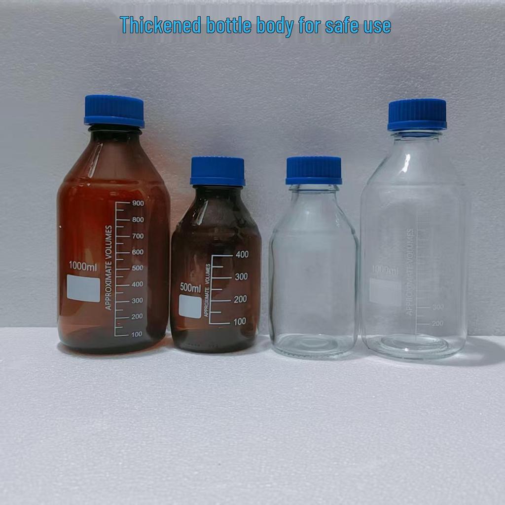 Blue Cap GL45 Threaded Glass Reagent Bottle - Transparent, Brown, Round with Scale, Sealed Sampling Lab Bottle