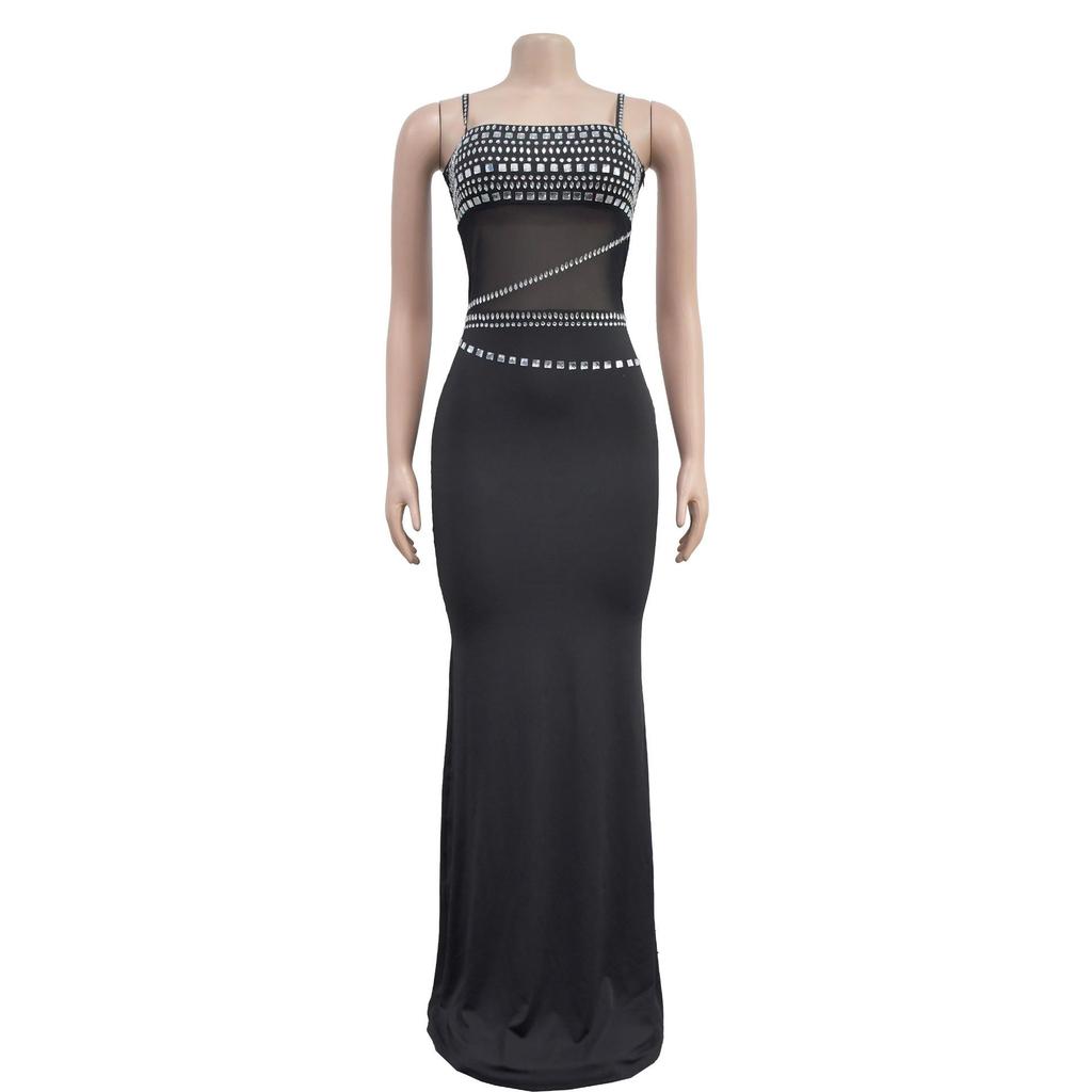 C6989 European & American Fashion Women's Rhinestone Mesh Long Dress