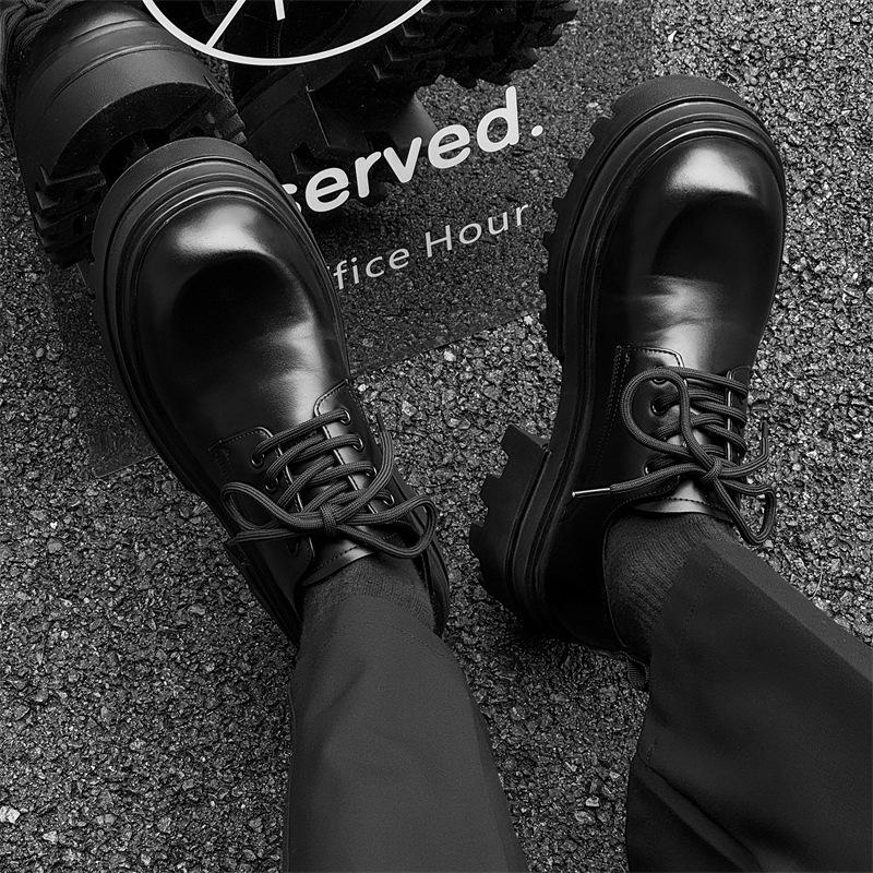 2024 Men's Thick Sole Height-Increasing Black Leather Derby Shoes - British Style