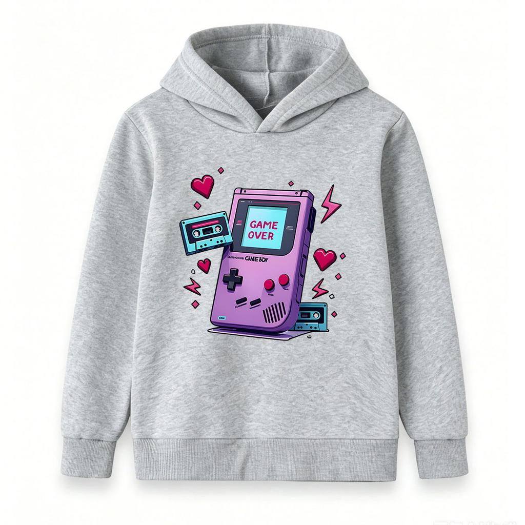 Kids Boys Girls Hoodie Retro Gameboy Cassette Game Over Print Pullover Hooded Sweatshirt Casual Vintage 90s Game Lover Top For Children Daily Wear