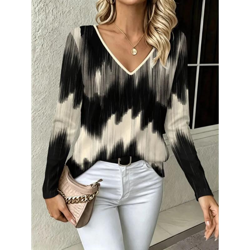 Fashion Women's V-Neck Long Sleeve 3D Floral Color Printing Casual Long Sleeve V-Neck T-Shirt