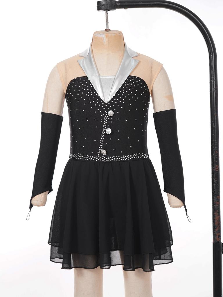Vestido de Patinaje Danza sin Mangas Brillante para Niñas Diseño Patchwork Bragas Integradas Guantes sin Dedos Vestido de una Pieza