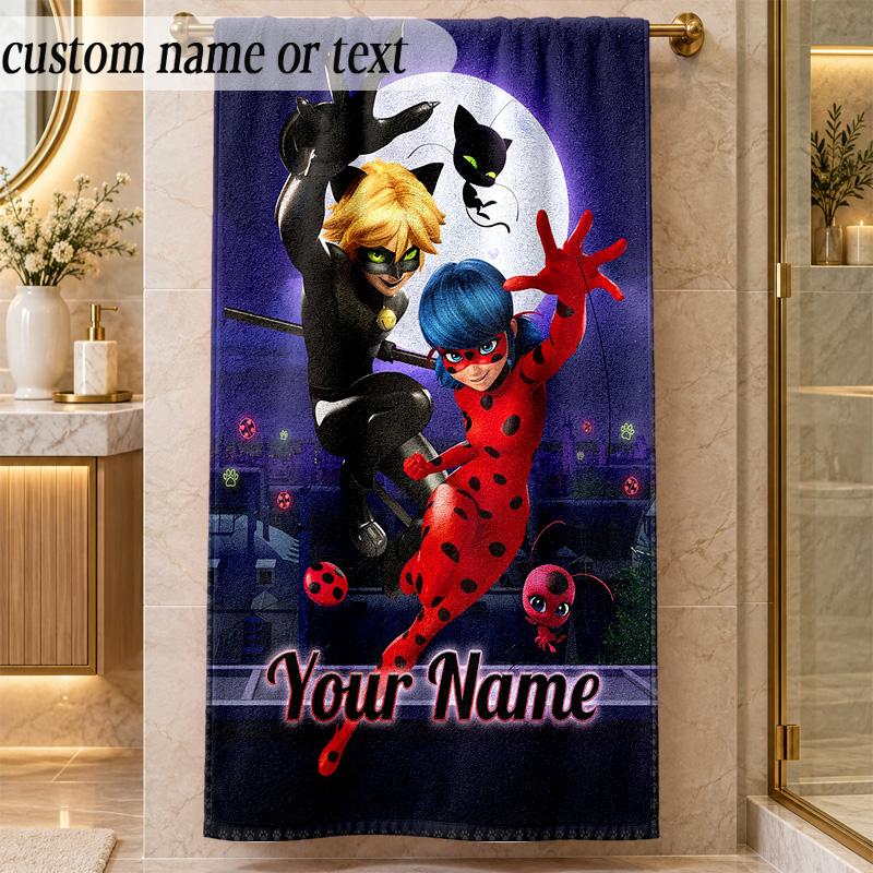Beach TowelMiraculous Ladybug Custom Name Text Personalized Soft Towel for Beach Pool Indoor Home Decor Gift