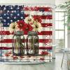 Rustic American Flag Shower Curtain - Vintage Patriotic Design, Red & White Daisies In Jars, Distressed Background, 12 Hooks