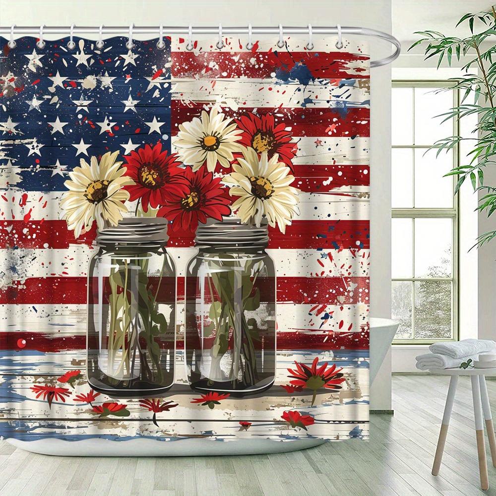 Rustic American Flag Shower Curtain - Vintage Patriotic Design, Red & White Daisies In Jars, Distressed Background, 12 Hooks