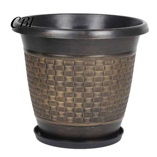 Large Capacity Garden Planters 12" Planter Pot with Saucer, Thickened Plastic Anti-Aging Flower Drainage Durable Holes, Woven Texture, Plant