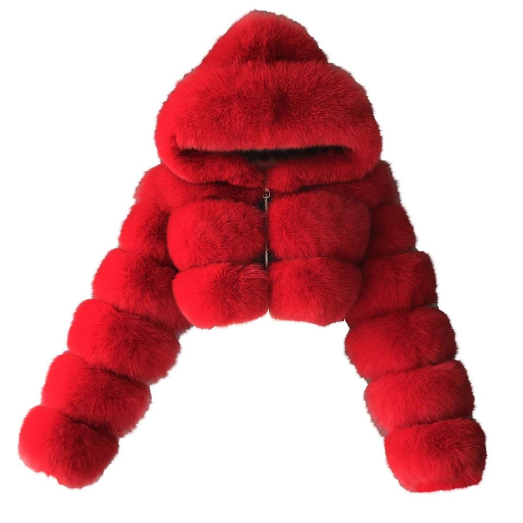 Kurtka damska modna, jednokolorowa, z długim rękawem i kapturem, pluszowa