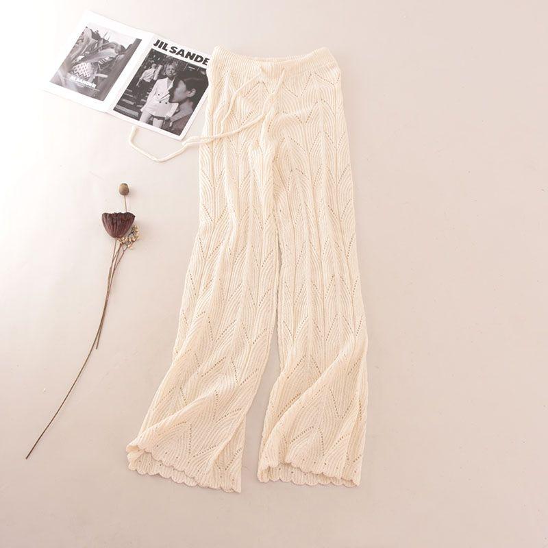 

Summer Slim fit Hollow Straight Pants Western Style Sexy Pure Want Slimming Knitted Foreign Trade Original Order Casual Pants Apricot L