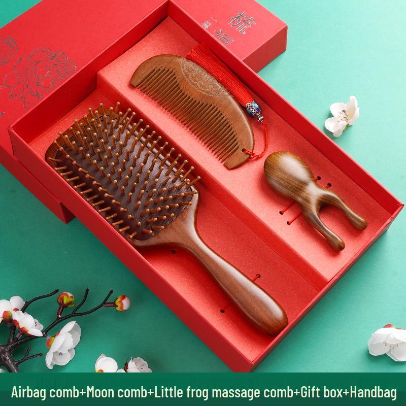 Golden Sandalwood Air Cushion Brush & Wood Comb Gift Set - Scalp Massage Hairdressing Comb for Women, Perfect Nurse's Day Gift.