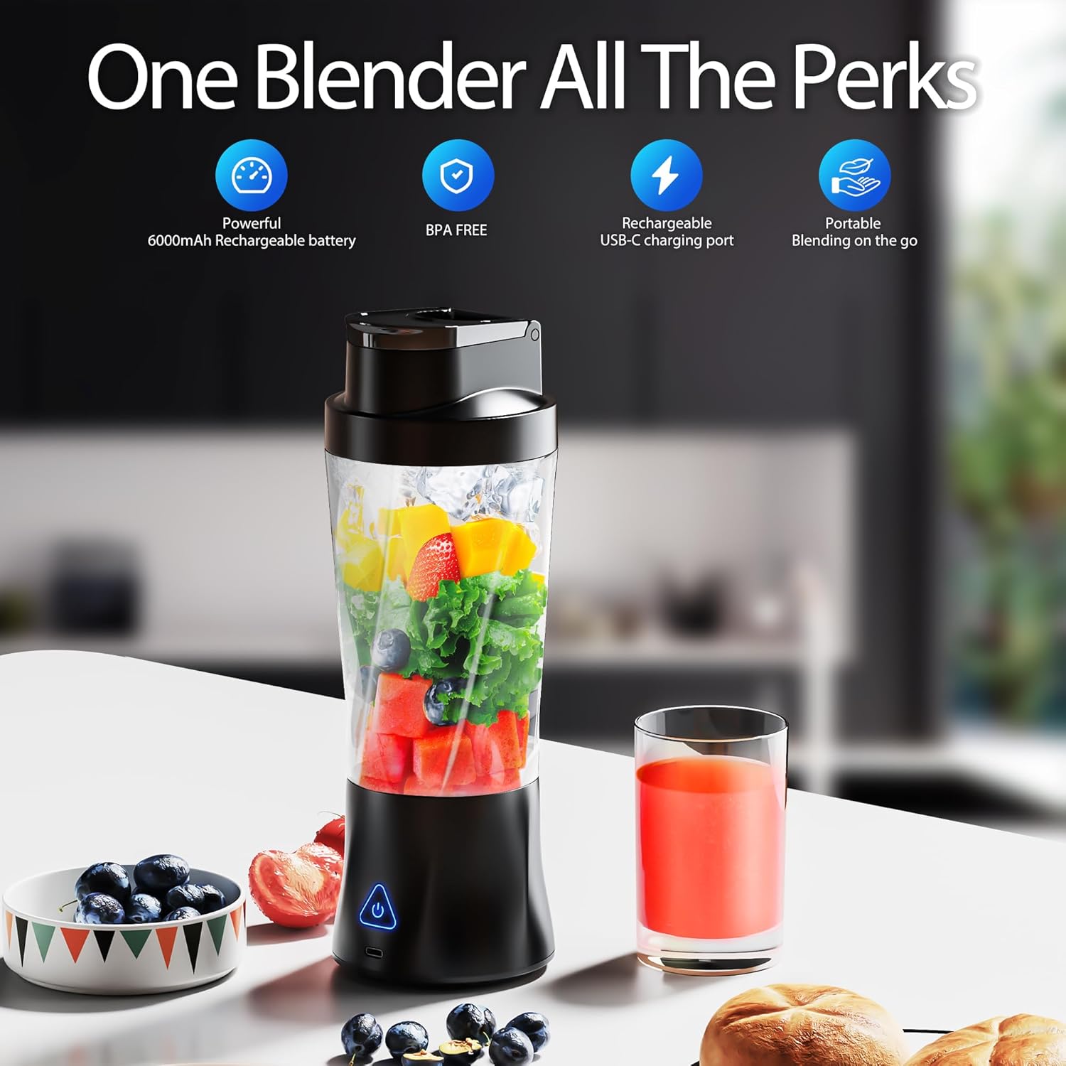 Portable Blender, Cordless, 24oz. Vessel, Personal Blender-for Shakes & Smoothies, BPA Free, Leakproof-Lid & Sip Spout, USB-C Rechargeable & Self