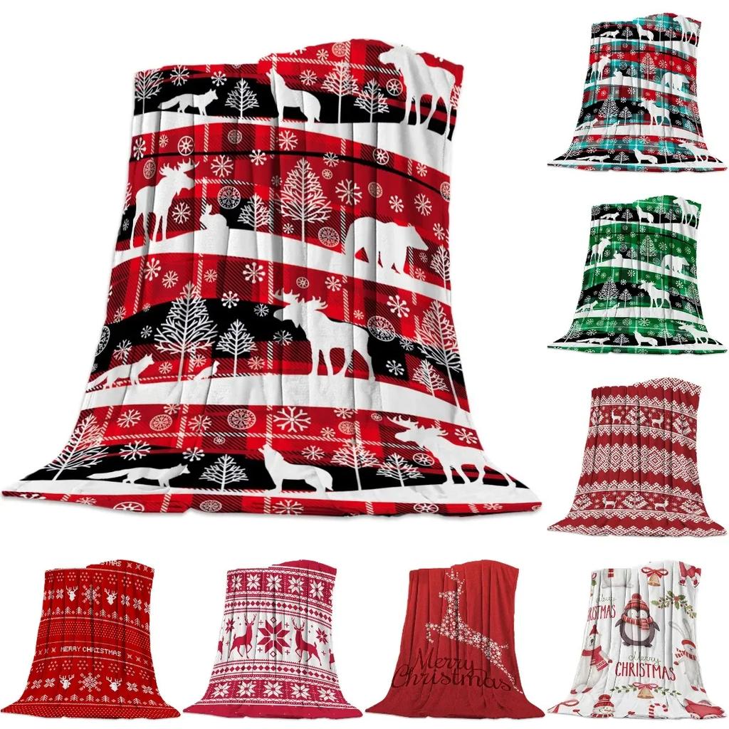 Christmas Winter Animals Checkered Buffalo Blankets Throw Cover Fleece Comfort Warm Room Couch Home Bedspread Blanket