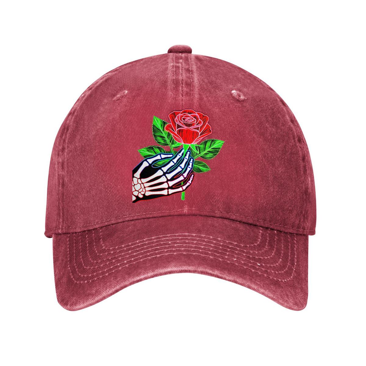 Skeleton Hand Holding Rose Baseball Cap Washed Denim Casual Adjustable Dad Hat Unisex One Size